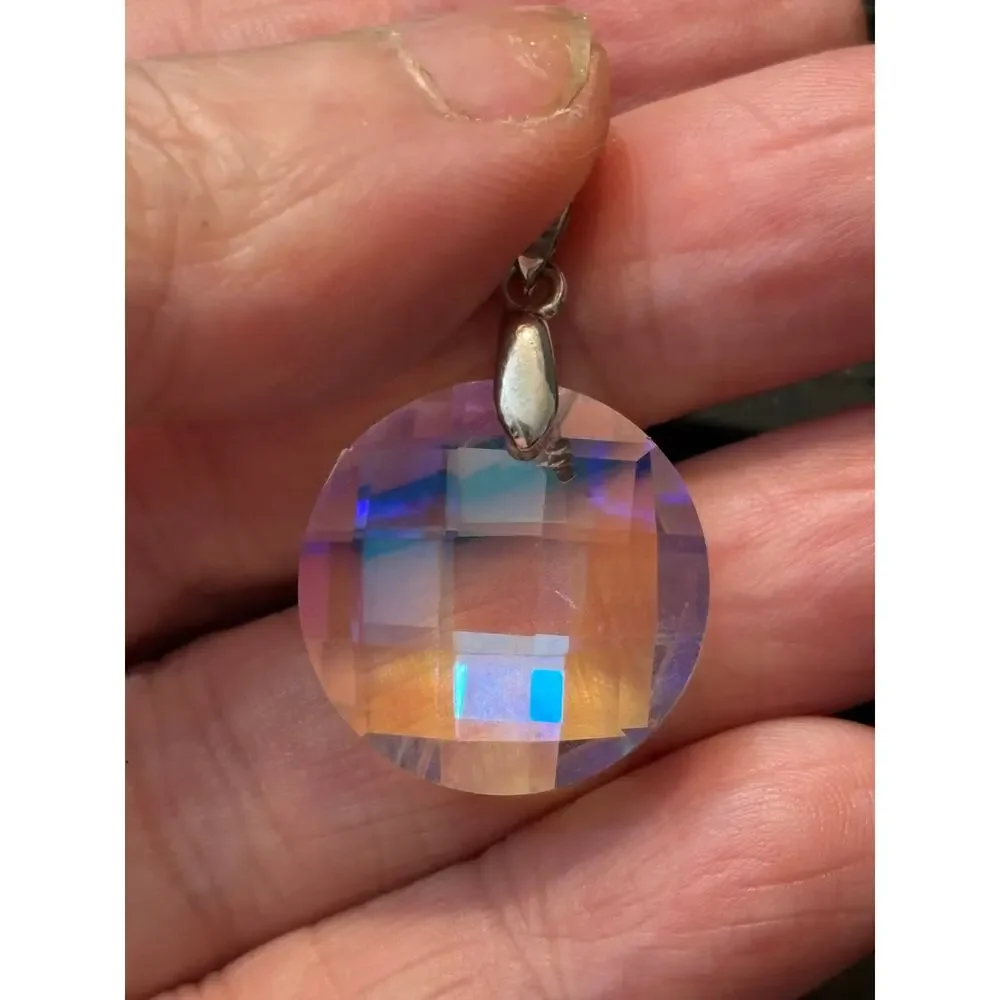Vintage Faceted Crystal Pendant Aurora Borealis 1980s Pendant Only
